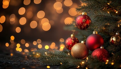 Festive holiday ornaments on a decorated tree with glowing lights during Christmas
