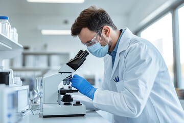 Male scientist with face mask looking on a petri dish under a microscope in modern laboratory
