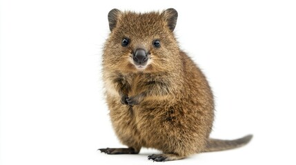Fototapeta premium A cute quokka sitting on a white background, looking at the camera with a friendly expression.