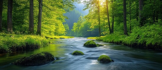 Serene River Flowing Through Lush Forest