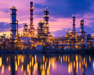 Fototapeta premium vibrant oil refinery at dusk reflects its lights on water, set against colorful sky. industrial scene is both striking and serene.