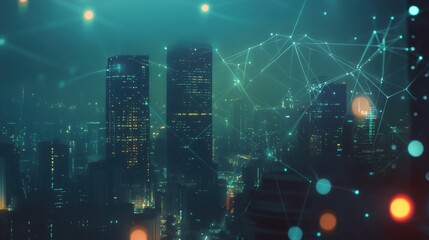Futuristic cityscape with digital connections and glowing lights.