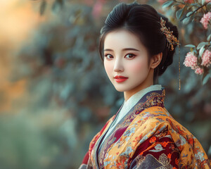 Fototapeta premium woman in traditional Japanese attire stands gracefully, surrounded by nature. Her elegant kimono features intricate patterns, and her hair is adorned with delicate accessory.