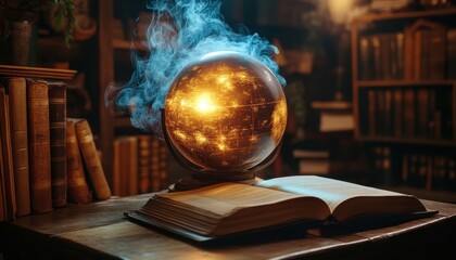 A mystical globe surrounded by smoke beside an ancient open book in a library