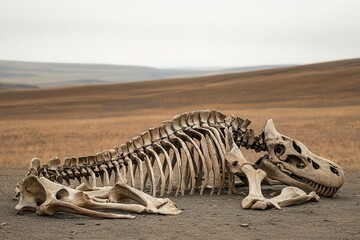 Ancient skeletal remains of a giant creature, bones scattered across a windswept plain, symbolizing a forgotten era of megafauna
