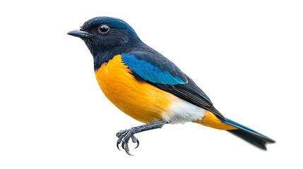 Obraz premium A beautiful yellow bird with black markings on its feathers perched on a natural tree branch isolated on a white background