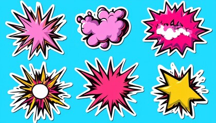 Colorful comic-style explosions and effects on a bright blue background