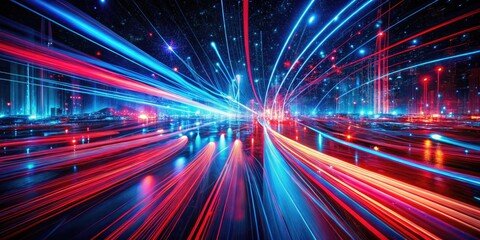 Fototapeta premium Dynamic Abstract Background of Vibrant Red and Blue Light Streaks in Motion with Glowing Particles for Futuristic Night Photography