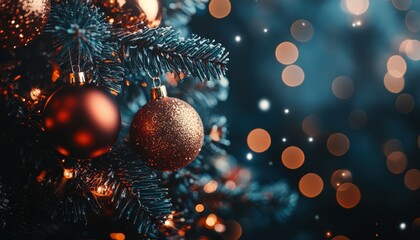 Decorated Christmas tree with ornaments and soft glowing lights in a cozy setting