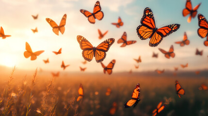 A swarm of monarch butterflies flying across a vast open field during their migration
