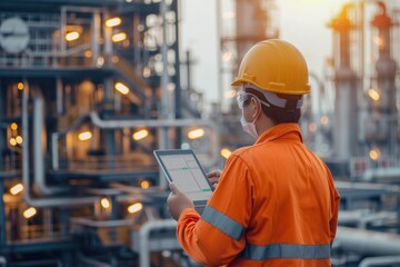 Petroleum oil refinery engineer asian worker in oil and gas industrial with personal safety equipment PPE to inspection follow checklist by tablet hardhat helmet architecture.
