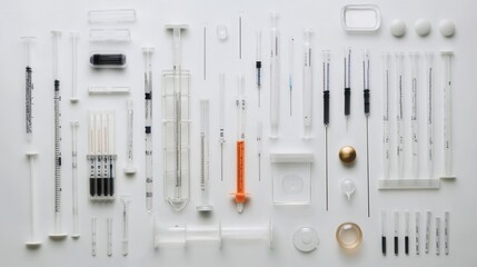 A minimalistic arrangement of various medical analysis tools, such as syringes, test tubes, and vials, set against a clean white background