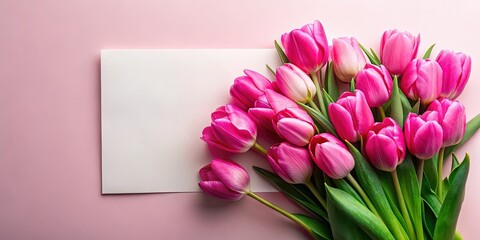 Obraz premium Elegant Pink Tulips with Blank Paper Card for Spring Celebrations - Ideal for Women's Day, Mother's Day, and Valentine's Day Promotions