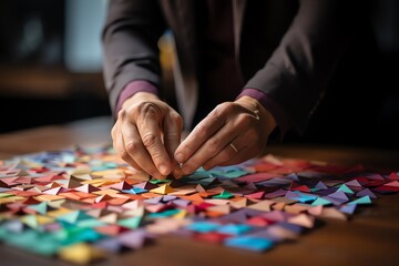 Fototapeta premium A man's hands carefully arranging colorful paper triangles on a wooden table.