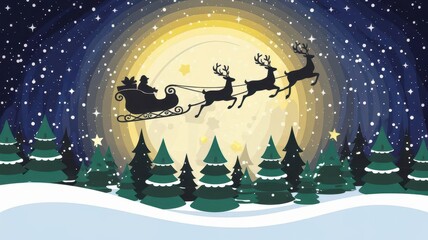Fototapeta premium A festive illustration of Santa Claus riding his sleigh with reindeer flying across a snowy night sky with a large moon.