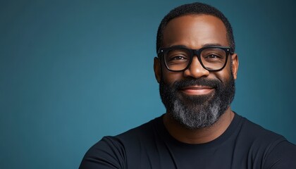 Obraz premium Portrait of a smiling man with glasses against a blue background in a studio setting