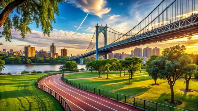 Astoria Park Athletic Track with Triborough Bridge in Queens New York - Scenic Urban Landscape Photography