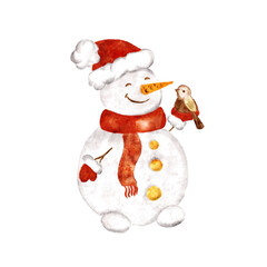Watercolor cheerful snowman wearing a red hat and scarf holds a small bird in its hand during winter cut out from background