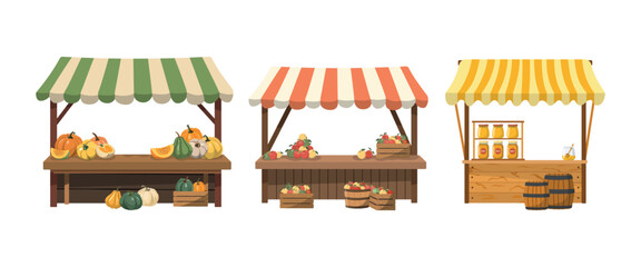 Farmers stalls set with farmers products. Flat vector illustration. Isolated on white background. Local food at the kiosk at the farmer's fair.