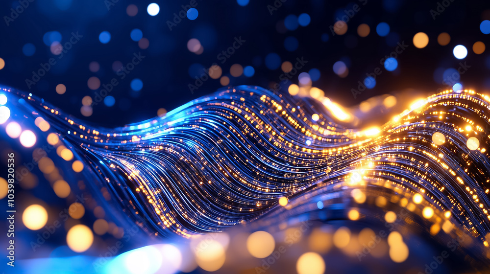 Poster colorful data streams undulate through a luminous digital environment filled with sparkling particle