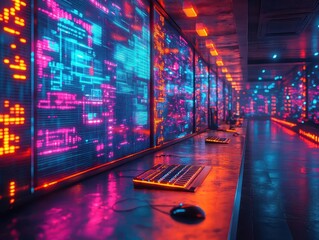 Obraz premium futuristic cyberpunk-inspired office interior with neon lights and blurred projections of information technology, creating a dynamic, high-energy workspace dedicated to innovation