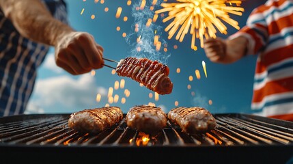 Fourth of July barbecue in a backyard friends grilling food fireworks in the sky high-resolution professional photography clean sharp focus