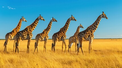 Obraz premium A graceful group of giraffes stands tall on the open grassland, their long necks reaching for leaves on scattered trees. Surrounded by golden grass, they move gently, blending beautifully with the 