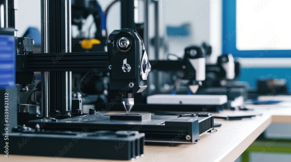 Poster An innovative robotics workshop with 3D printers and robotic prototypes, Advanced robotics engineering style, photo of