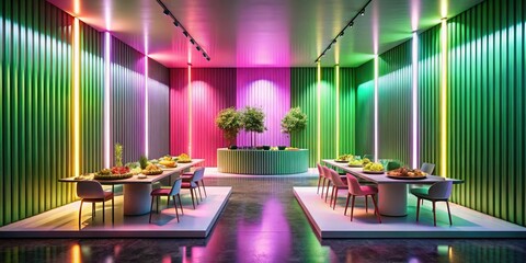Ethereal Food Presentation in Modern Architecture with Gradient Lighting, Minimalist Design, and Vertical Light Panels