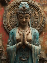 Obraz premium Ancient Deity Statue with Closed Eyes in Prayer