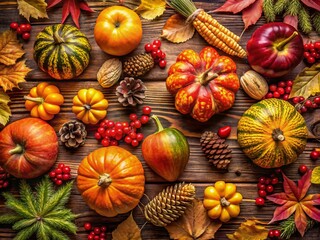 Autumn Harvest Festival Background with Pumpkins, Berries, Leaves, and Mushrooms for Thanksgiving Cards