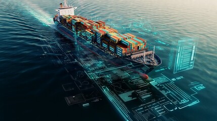 Cargo ship leaving trail of binary code data visualizations on surface of ocean