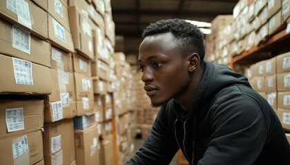 Young man examining cardboard boxes in a warehouse during daylight hours