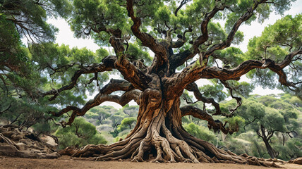 big tree in the center of village, Majestic wide tree with dense green canopy and sprawling roots