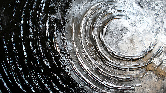 Abstract acrylic paint texture with silver and dark silver tones arranged in a circular design. The layered strokes create a bold, modern, and metallic impression