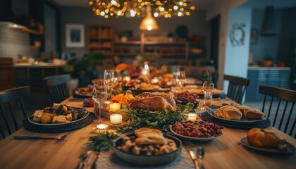 A delicious harvest feast set on a rustic dining table during autumn evening