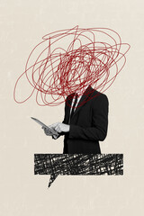 Vertical photo collage of anonym headless businessman surf tablet scribble mess brainstorm...