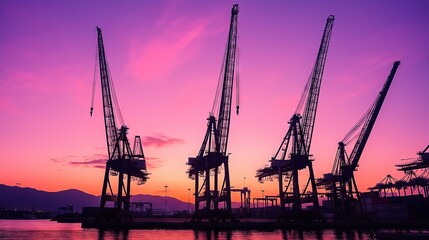 Obraz premium Cargo cranes silhouetted against vivid purple sunset in major industrial port