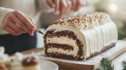 Couple Decorating Yule Log Cake for Holiday Celebration