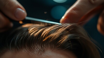 Close up of a barber combing a man's hair.