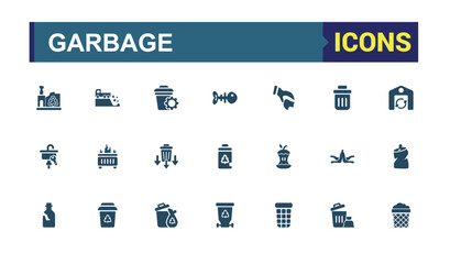 Garbage filled icons set. Including trash bin, compost, landfill, recycling, waste management, litter and more. Minimal solid icon collection.