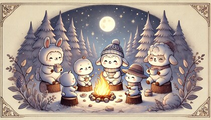 Heartwarming Winter Campfire with Adorable Animal Friends Under a Small Moon in a Fantasy Snowy Forest, Radiating Cozy Charm