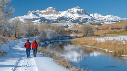 Travelers walking along a frozen lake with snow-capped mountains in the distance