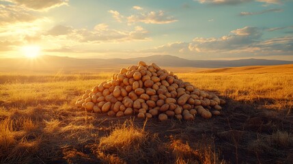 A beautifully arranged pile of golden, earthy potatoes on the ground in a vast, sun-drenched field, representing the abundance of the autumn harvest