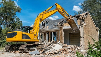 Excavator demolishing a residential home on a sunny day