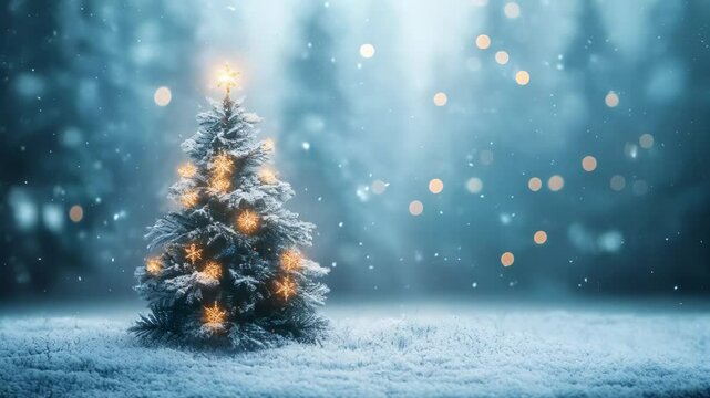 Illuminated christmas tree in snowy landscape with glowing lights and gently falling snowflakes, creating a serene winter scene. Copy space, free space for text. Slow motion.