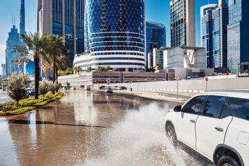 Dubai. Heavy Rain and Flooded Street in UAE. horizontal