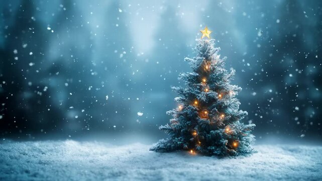 Illuminated christmas tree in snowy landscape with glowing lights and gently falling snowflakes, creating a serene winter scene. Copy space, free space for text. Slow motion.