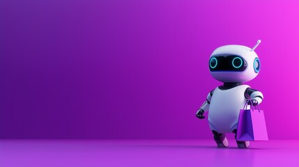 Works in neon light holding a gift bag on a dark background with copy space. The concept of Cyber Monday.