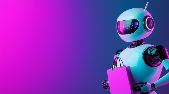 Works in neon light holding a gift bag on a dark background with copy space. The concept of Cyber Monday.